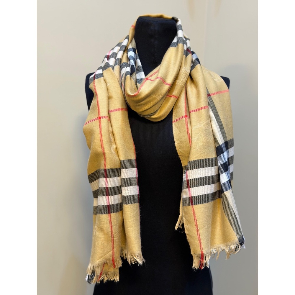 Burberry London 100% Cashmere Scarf Nova Check Tan Plaid Made in Scotland